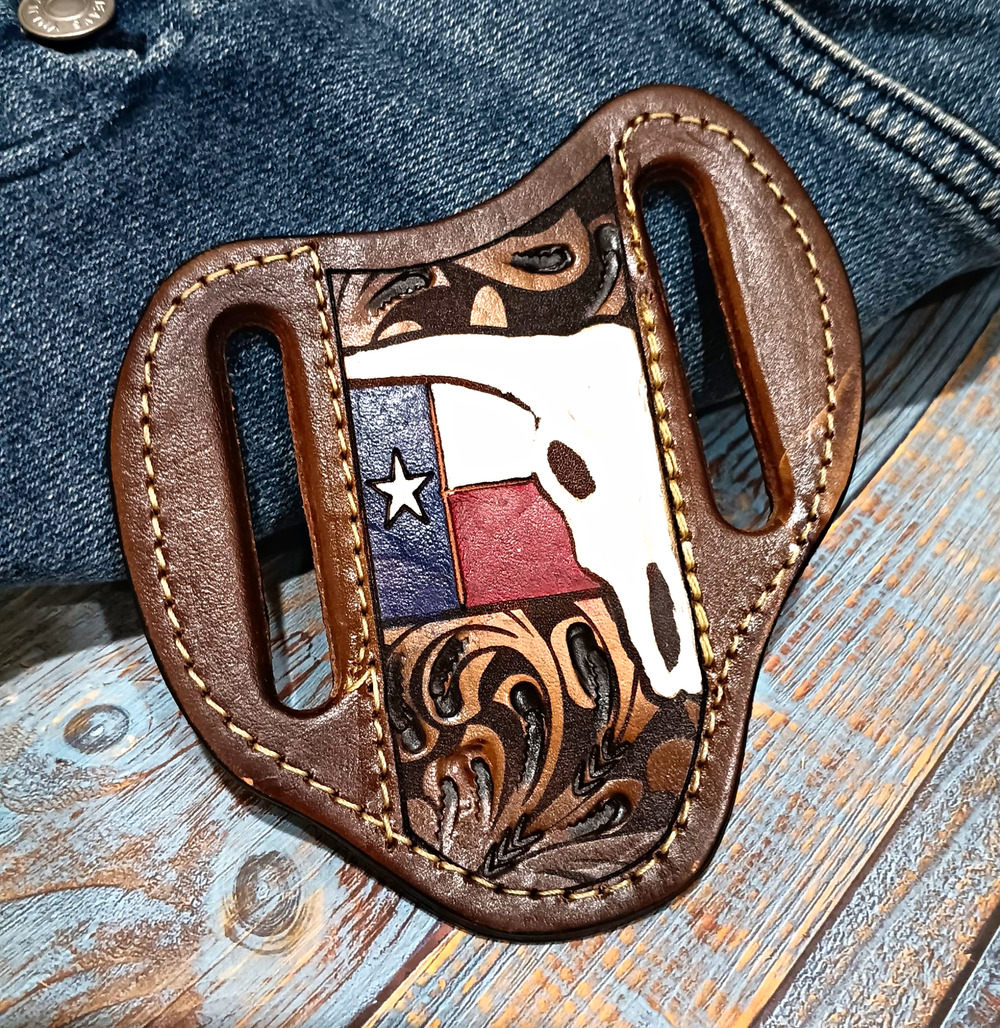 Leather Belt Knife Sheath w/ Belt Loop Full Coverage Texas Flag Longhorn 5 in
